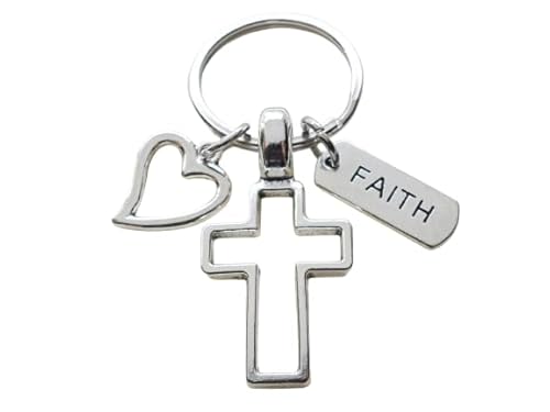 Cross Charm Keychain with Heart Charm & Word Tag Charm, Religious Keychain (Faith Tag)