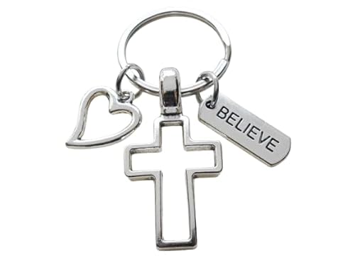 Cross Charm Keychain with Heart Charm & Word Tag Charm, Religious Keychain (Believe Tag)