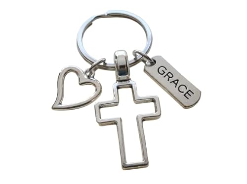 Cross Charm Keychain with Heart Charm & Word Tag Charm, Religious Keychain (Grace Tag)