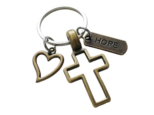 Bronze Cross Charm Keychain with Heart Charm & Word Tag Charm, Religious Keychain (Hope Tag)