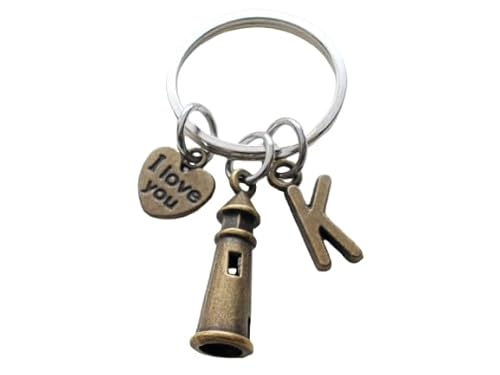 Custom Bronze Lighthouse Charm Keychain with I Love You Heart Charm & Letter Charm