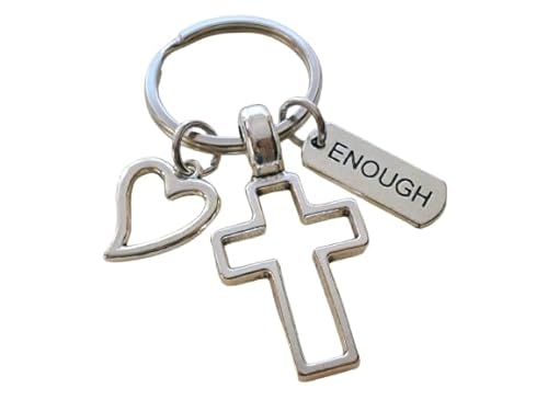 Cross Charm Keychain with Heart Charm & Word Tag Charm, Religious Keychain (Enough Tag)