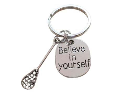 Lacrosse Stick Charm Keychain with Believe in Yourself Tag Charm; Graduate Keychain, Lacrosse Player Keychain