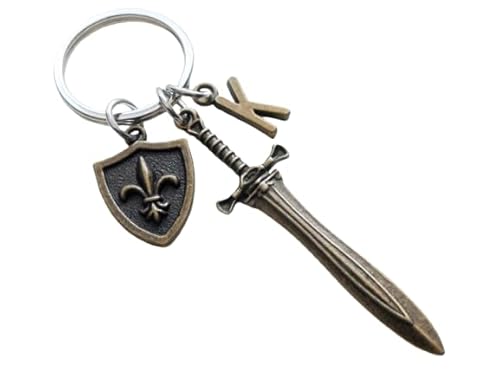 Custom Bronze Sword & Shield Charm Keychain with Letter Charm, Knight Keychain, Warrior Keychain, Fantasy Keychain