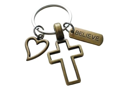 Bronze Cross Charm Keychain with Heart Charm & Word Tag Charm, Religious Keychain (Believe Tag)