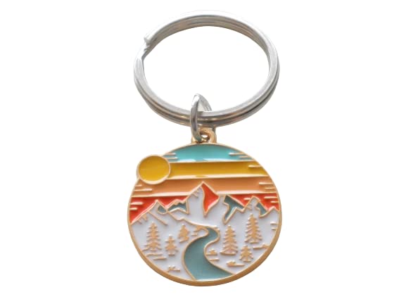 Camping Keychain; Mountain, Trees, River & Orange Sunset Sky Scene Charm Keychain