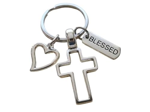 Cross Charm Keychain with Heart Charm & Word Tag Charm, Religious Keychain (Blessed Tag)