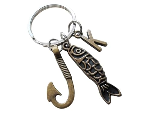 Custom Bronze Hook & Fish Charm Keychain with Letter Charm