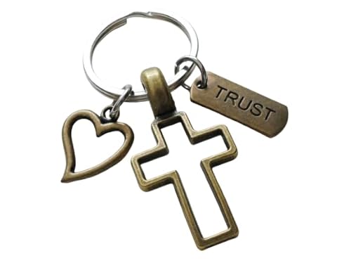 Bronze Cross Charm Keychain with Heart Charm & Word Tag Charm, Religious Keychain (Trust Tag)