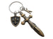 Custom Bronze Sword & Shield Charm Keychain with Letter Charm; Knight, Warrior, Fantasy Keychain