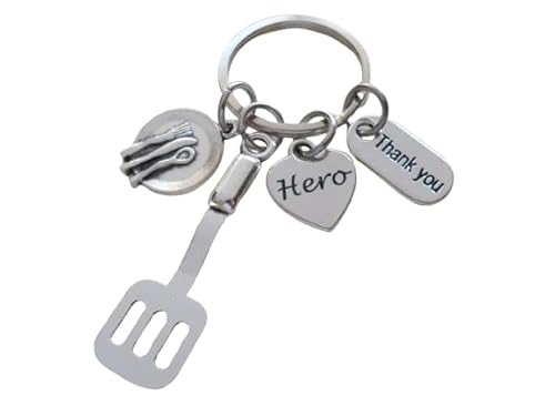 Serving Spatula Charm Keychain with Plate Charm, Hero Heart Charm, and Thank You Charm; Food Server, School Lunch Serving Staff Appreciation Keychain