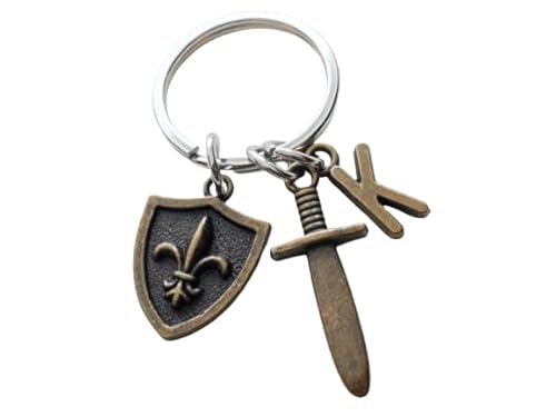 Custom Small Bronze Sword & Shield Keychain with Letter Charm; Knight, Warrior, Fantasy Keychain