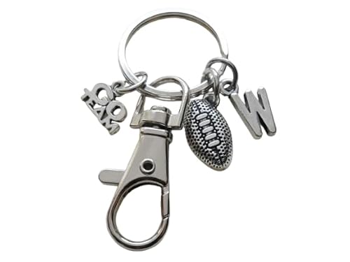 Custom Football Charm Keychain with Small Football Charm, Go Team Charm, Letter Charm & Swivel Clasp; Football Team Player Keychain