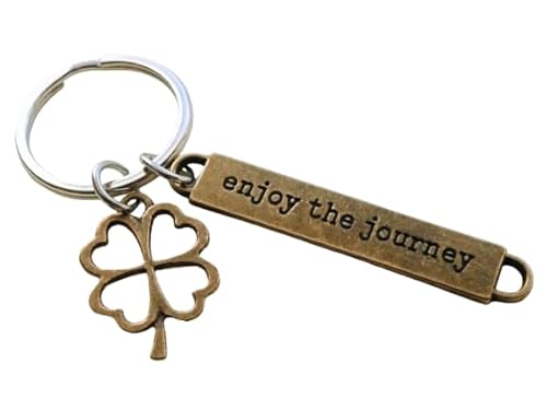 Bronze Clover Charm Keychain with Enjoy the Journey Charm, Good Luck Charm Keychain