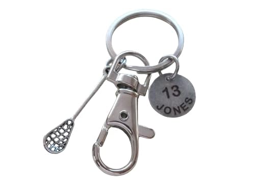 Custom Lacrosse Stick Charm Keychain with Swivel Clasp & Engraved Circle Tag, Graduate Keychain, Lacrosse Player Keychain