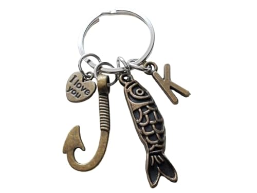 Custom Bronze Hook & Fish Charm Keychain with I Love You Heart Charm & Letter Charm