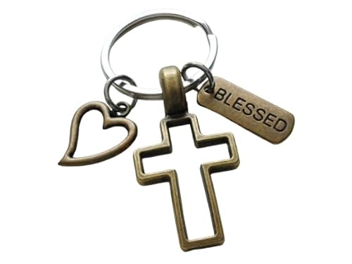 Bronze Cross Charm Keychain with Heart Charm & Word Tag Charm, Religious Keychain (Blessed Tag)