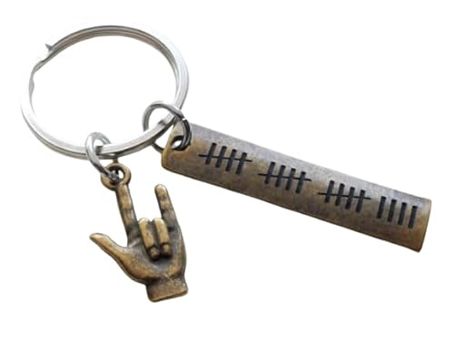 Bronze ASL I Love You Hand Charm Keychain with 19 Tally Marks Engraved Tag, For Couples 19 Year Anniversary