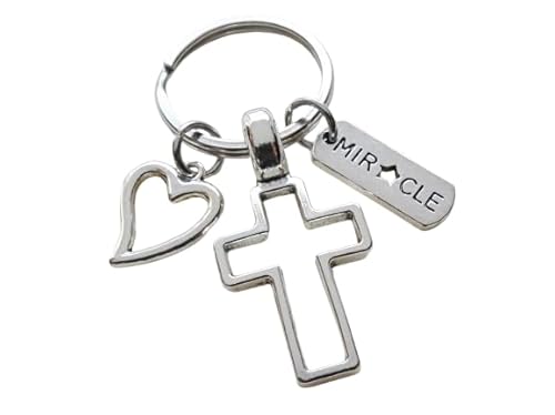 Cross Charm Keychain with Heart Charm & Word Tag Charm, Religious Keychain (Miracle Tag)