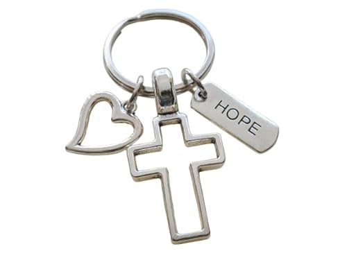 Cross Charm Keychain with Heart Charm & Word Tag Charm, Religious Keychain (Hope Tag)