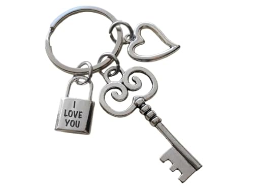 Key Charm Keychain with Heart Charm, and Lock Charm Engraved "I Love You"; For Couples, Anniversary Keychain