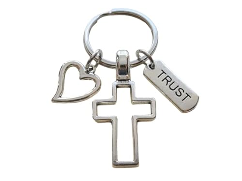 Cross Charm Keychain with Heart Charm & Word Tag Charm, Religious Keychain (Trust Tag)