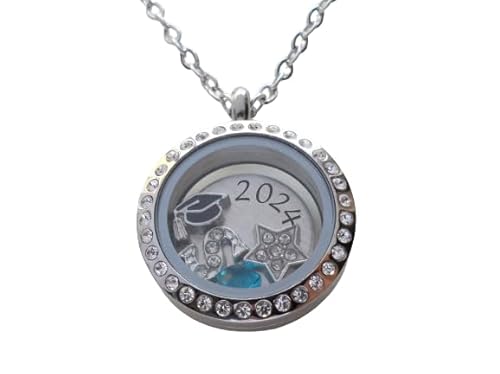 Custom Graduate Circle Crystal Edge Floating Charm Locket Necklace, Stainless Steel Locket, Graduation 2024, 2025 or 2026, Reach for the Stars