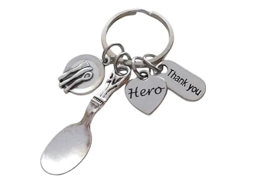 Serving Spoon Charm Keychain with Plate Charm, Hero Heart Charm, and Thank You Charm; Food Server, School Lunch Serving Staff Appreciation Keychain