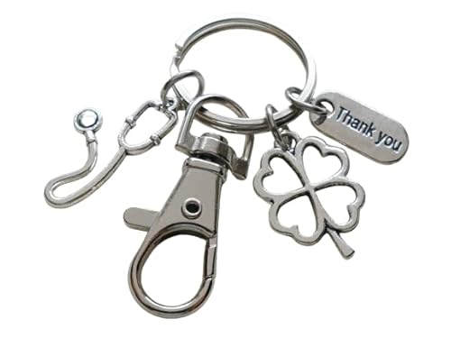 Nurse or Medical Staff Charm Keychain with Stethoscope Charm, Clover Charm, Thank You Charm & Swivel Clasp; Doctor Office or Hospital Staff Keychain