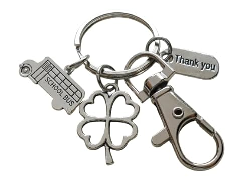 School Bus Driver Appreciation Keychain with School Bus Charm, Clover Charm, Thank You Charm & Swivel Clasp