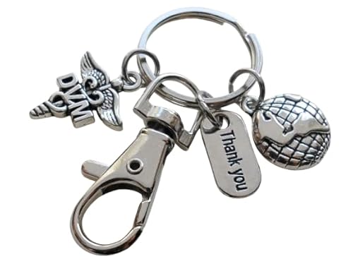 Doctor of Veterinary Medicine Keychain, Veterinarian Hospital Staff Appreciation, Pet & Animal Care Medical Professional; DVM Medical Charm, World Globe Charm, Thank You Charm & Clasp