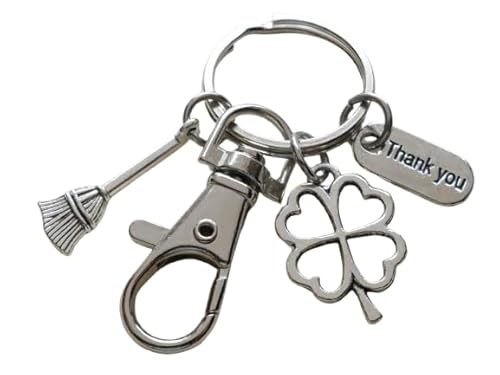 Housekeeping Appreciation Gift Keychain; Broom, Clover, Thank You Charm & Swivel Clasp Keychain