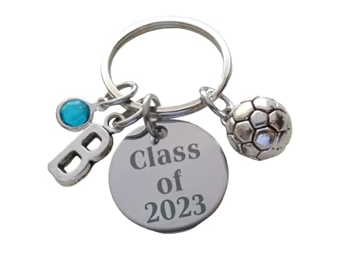 Custom Graduation Class of 2023 or 2024 Disc Keychain with Soccer Ball Charm, Personalized Graduate Keychain, Gift for Graduate