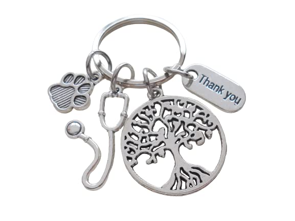 Veterinarian Appreciation Keychain, Veterinary Hospital Staff Gift, Pet & Animal Care Medical Professional; Tree, Paw Print, Stethoscope, & Thank You Charm Keychain