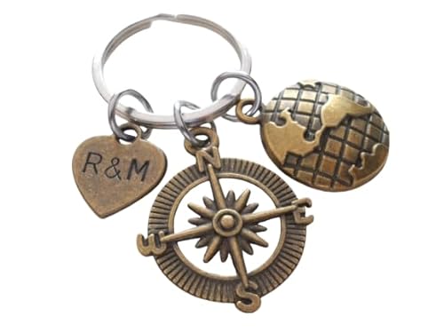 Custom Bronze Compass & Globe Charm Keychain with Personalized Tag for Couples or Best Friends Initials, Anniversary Keychain