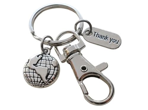 World Globe Charm Keychain with Swivel Clasp and Thank You Charm, Employee Appreciation Gift, Volunteer Thank you Gift