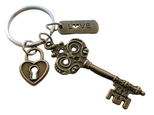 Bronze Key Charm Keychain with Small Heart Lock Charm & Love Tag Charm; Couples Anniversary Keychain