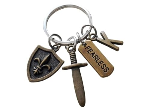 Custom Small Bronze Sword, Shield & Fearless Charm Keychain with Letter Charm; Knight, Warrior, Fantasy Keychain