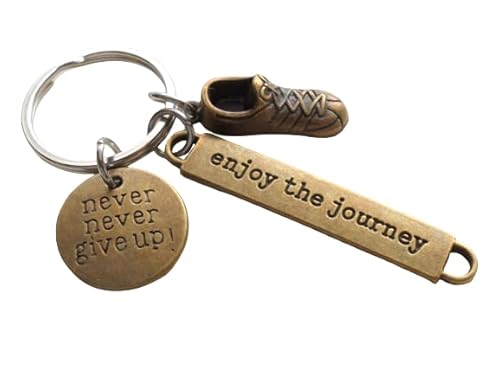 Track or Cross Country Runner Keychain with Bronze Running Shoe Charm, Never Never Give Up Disc, and Enjoy the Journey Charm, Fitness Encouragement Keychain