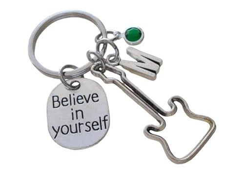 Custom Guitar Charm Keychain with Believe In Yourself Charm & Initial Charm, Graduate Keychain, Guitar Player Keychain