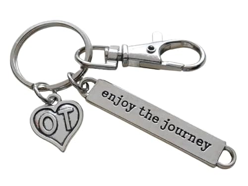 A charm keychain as a gift for a student studying to be a Occupational Therapist. The keychain has a OT heart charm, an enjoy the journey charm, and a swivel clasp. The enjoy the journey charm is about 1.75 inches long.