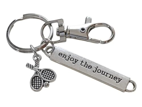 Tennis Charm Keychain with Small Tennis Racquets Charm, Enjoy the Journey Charm & Swivel Clasp; Tennis Player or Coach Keychain