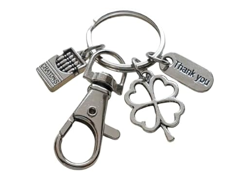 Clover Charm Keychain with Crayons Charm, Thank You Charm, and Swivel Clasp; School or Preschool Teacher & Volunteer Appreciation Keychain