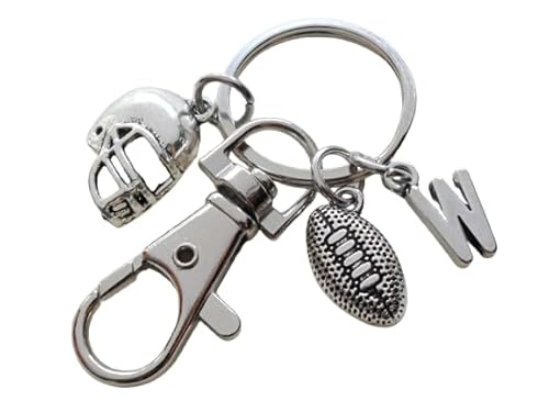 Custom Football Charm Keychain with Small Football Charm, Helmet Charm, Letter Charm & Swivel Clasp; Football Team Player Keychain