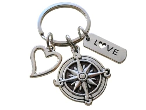 Compass Charm Keychain with Love Charm & Heart Charm - I'd Be Lost Without You; Couples Keychain