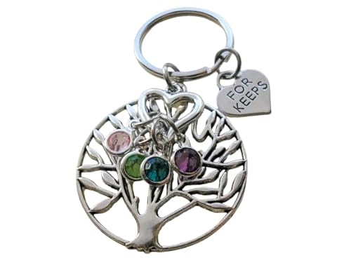 Custom Family Tree Keychain with Birthstone Charms & For Keeps Heart Charm, Gift for Mom or Grandma