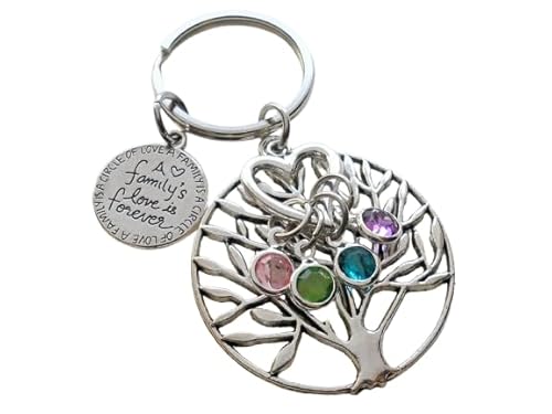 Custom Family Tree Keychain with Birthstone Charms & Family Saying Disc Charm, Gift for Mom or Grandma