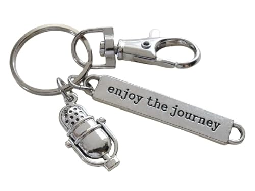 Microphone Charm Keychain with Enjoy the Journey Charm & Swivel Clasp; Vocal Student, Singer, Music Teacher, School Staff Keychain