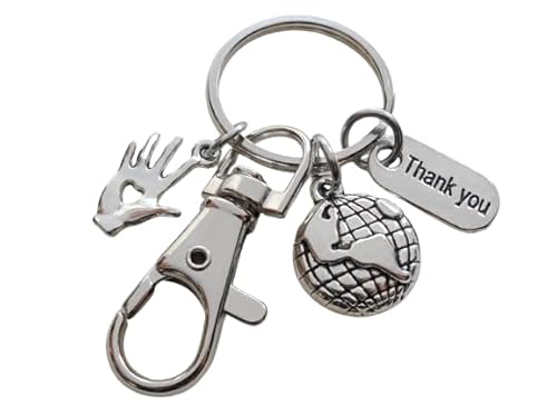 Hand with Heart Charm Keychain with World Globe, Thank You Charm, and Swivel Clasp; School or Preschool Teacher Appreciation, Volunteer, Therapist, or Social Worker Keychain