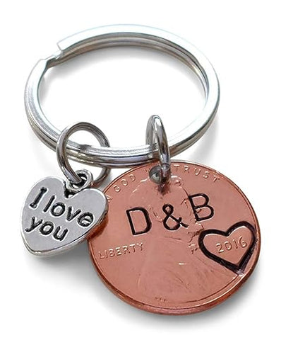 Custom Penny Keychain With Heart Around Year & I Love You Charm Personalized Anniversary, Husband Wife Key Chain, Boyfriend Girlfriend, Customized Couples Keychain